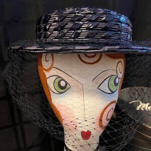 Vintage 1950s Navy Woven Straw Hat, netting, velvet ribbon